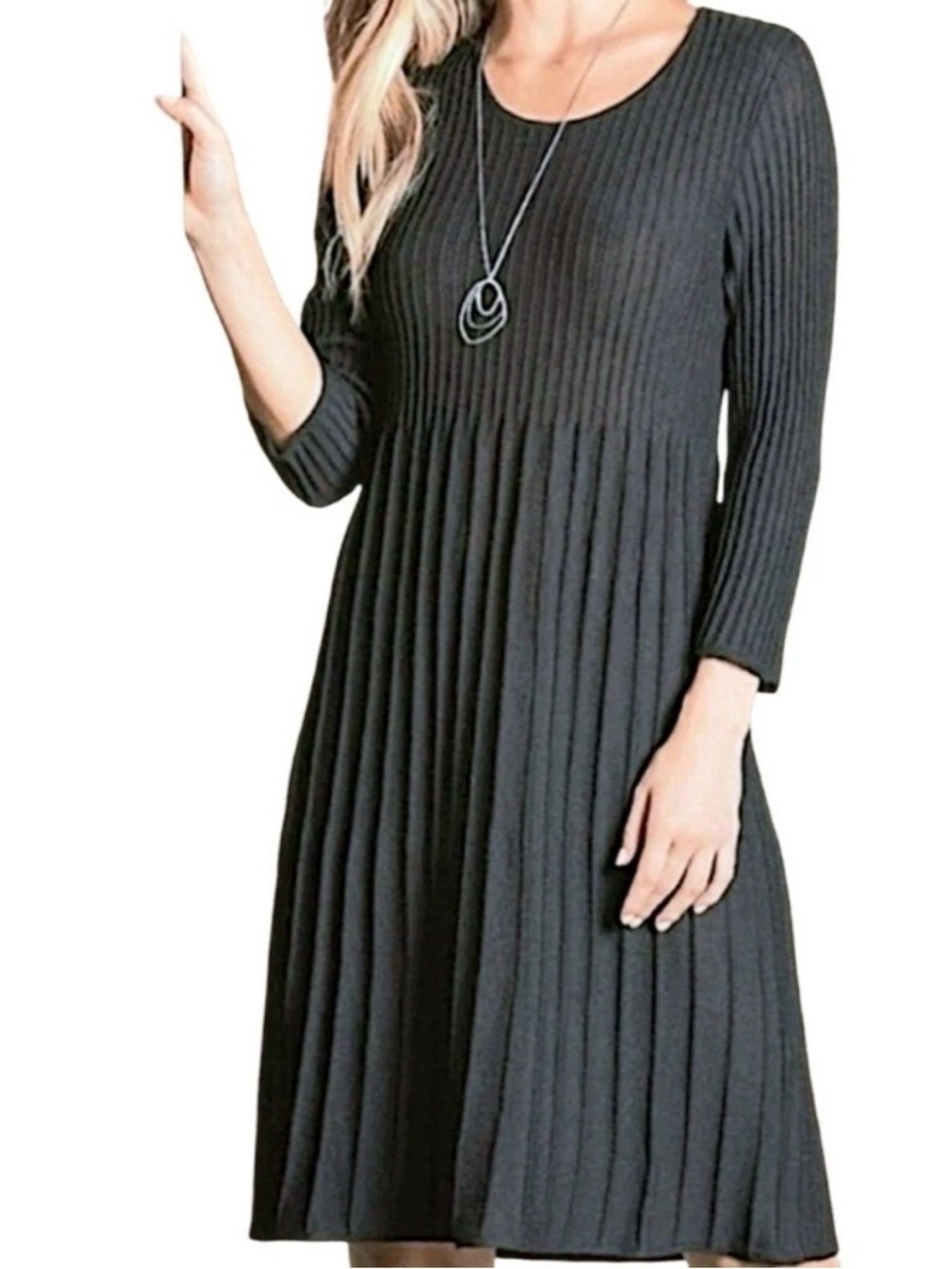 Eileen Fisher 100% Wool Lightweight Gray 3/4 Sleeve Pleated Sweater Dress M